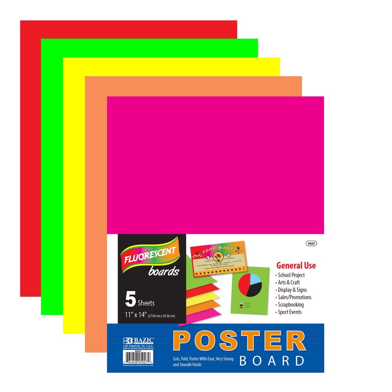 BAZIC 11" X 14" Multi Color Fluorescent Poster Board (5/Pack)